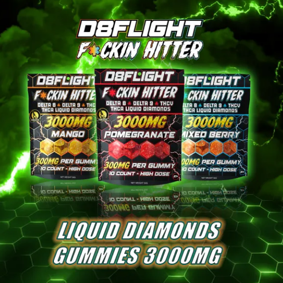 D8FLIGHT D8 + D9 + THCV + THCA LIQUID DIAMONDS 3000MG GUMMIES 10CT BAG